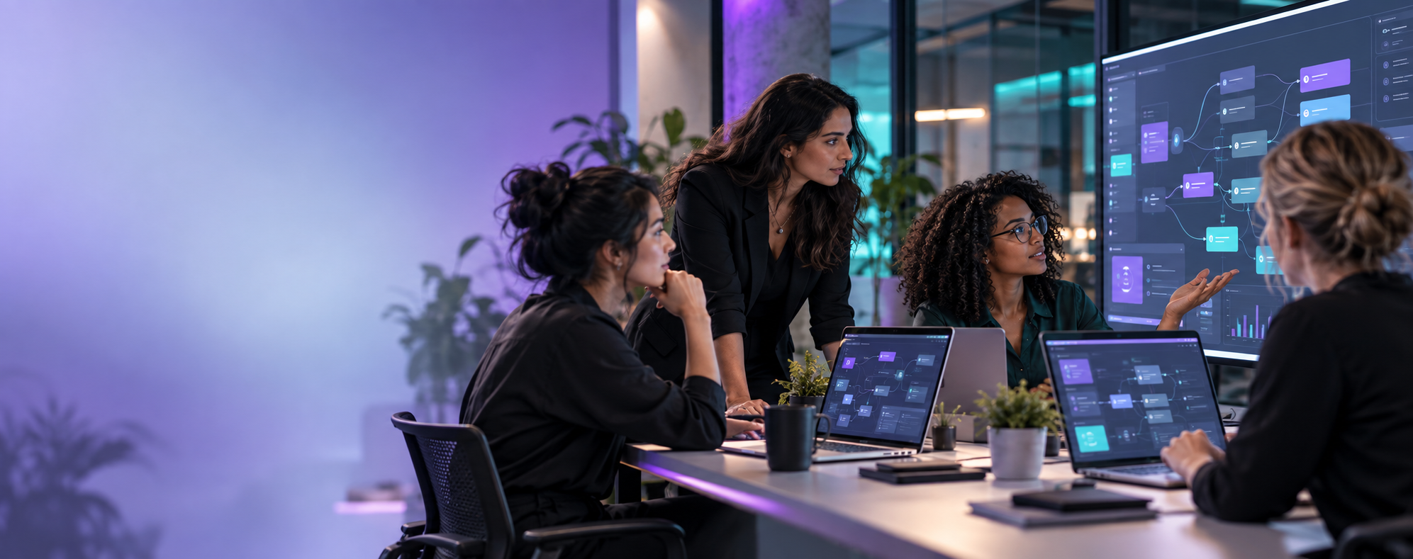 A diverse group of women in technology collaborating on AI systems